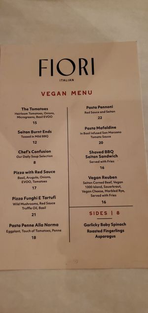 Vegan Menu (Note that there are salads & possibly other items available with modifications) at Fiori Italian in Munster