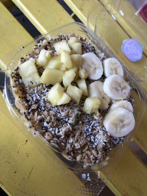 Tropical smoothie bowls - pineapple, banana, orange, mango (no maple syrup or honey or peanut butter; only shred coconut and hemp and chia seed)  at Raw Juice Bar in Orlando