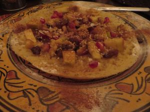 It´s dessert time - a must-try, this Moroccan pancake with fruit (vegan style with no honey or cream). at Al Kasbah in Saarbrucken
