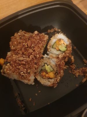 Crunchy Vegetables sushi: Avocado, cucumber, carrot, pepper, Sesame seed, rose, crispy shallot  with Teriyaki sauce at Peppery Rose Alderley Edge in Alderley Edge