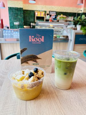 Tropical bowl and oat iced matcha lattee  at Kool Smoothie Gueliz Marrakech  in Marrakech