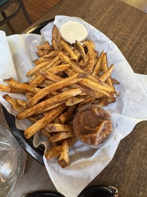 Masala fries with garlic sauce and tamarind sauce   at ABQ - Rush of Prana - Past Security in Albuquerque