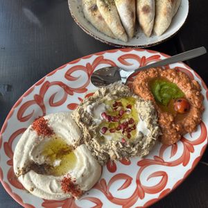 Orektika Trilogy (left to right): Hummus, Babaghanoush, Muhhamara (made vegan)  at Mayrik in Toronto