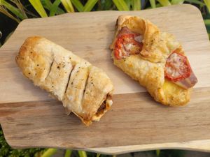 Sausage Roll and Bacon, Cheese, and Tomato Turnover at Bel's Vegan Bakes - Pop-Up in Bangor