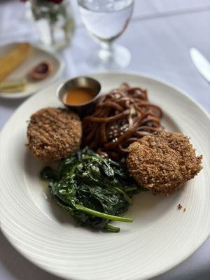 “I can’t believe it’s not crab” cakes entree- $21 and so worth it!  at Gertrude's at the BMA in Baltimore