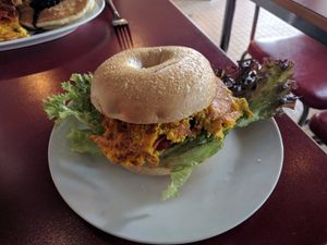 Vegan bagel with egg, bacon and cheese at Mamalicious in Hamburg