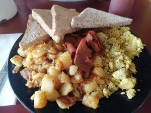 Tofu Scramble, Bacon, Potatoes and Toast - bacon and potatoes are pretty salty but the tofu and toast evened it out perfectly at Mamalicious in Hamburg