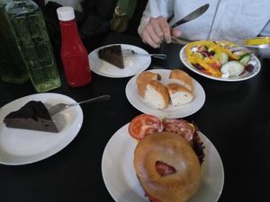 all vegan: 
Cheese-Avocado-Tomato Bagel
Greek Salad
Chocolat Brownie Cake at Mamalicious in Hamburg
