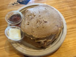 Peach pancakes with actual slices of fresh peaches.   at The Sentient Bean in Savannah
