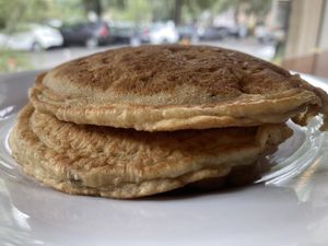 Glamour shot of the pear pancakes  at The Sentient Bean in Savannah