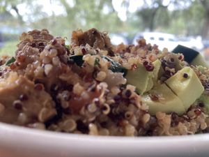 Close-up of the yummy quinoa with savory sauce  at The Sentient Bean in Savannah
