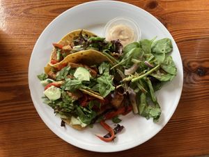Delicious super firm BBQ tofu tacos  at The Sentient Bean in Savannah