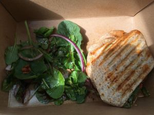 Bbq tofu wrap. It is not to die for, but it is fairly good. They are Vegan friendly, so they of course will have eggs and cheese in some of the items in the menu.  This wrap does not contain animal products and one of the very few vegan dishes at The Sentient Bean in Savannah