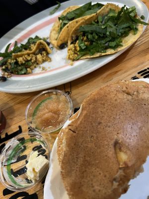 Apple pancakes & breakfast tacos  at The Sentient Bean in Savannah