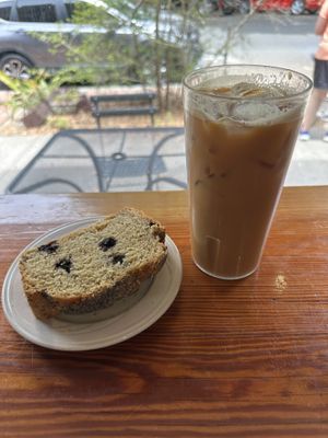 Lemon blueberry poppyseed loaf (vegan) + lavender iced latte with oat milk  at The Sentient Bean in Savannah