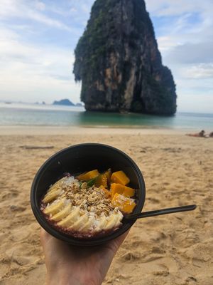 Smoothie bowl takeaway at D'oasis Cafe' at Railay Beach in Krabi