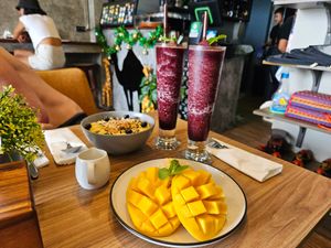 Blueberry shakes, mango sticky rice, smoothie bowl at D'oasis Cafe' at Railay Beach in Krabi