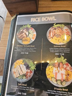 menu showing vegan tofu bowl at D'oasis Cafe' at Railay Beach in Krabi