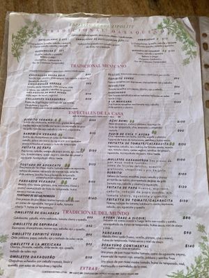 Menu   at Espiritu Verde de Zipolite in Zipolite