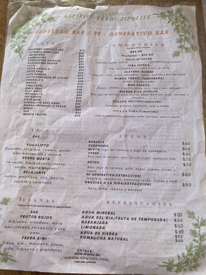 Menu   at Espiritu Verde de Zipolite in Zipolite