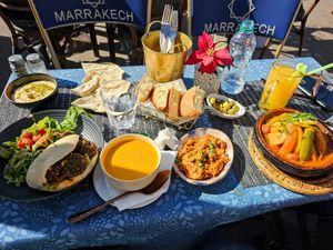 Tajine vegetables, falafel, hummus, zaalouk, vegetable soupp  at Malah Café & Restaurant in Marrakech