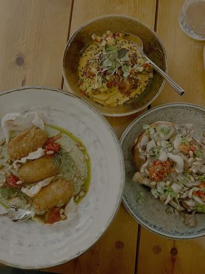 Sticky tofu, broad bean croquettes and mushroom toast   at Kin Restaurant in London