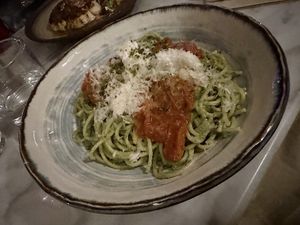 Pistachio zucchini cream pasta. 😋  at Kin Restaurant in London