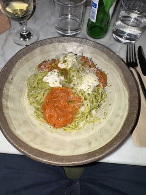 Courgette and pistachio spaghetti  at Kin Restaurant in London