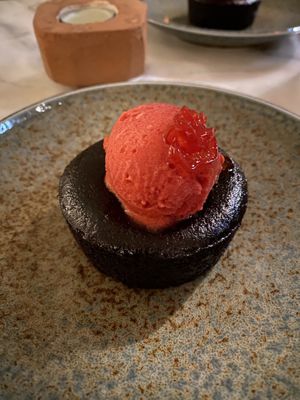 Chocolate Fondant & Raspberry  at Kin Restaurant in London