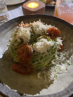 Courgette & Pistachio Spaghettii  at Kin Restaurant in London