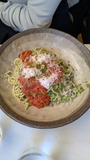 Spaghetti with burrata at Kin Restaurant in London