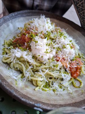 Courgette Pistachio spaghetti at Kin Restaurant in London