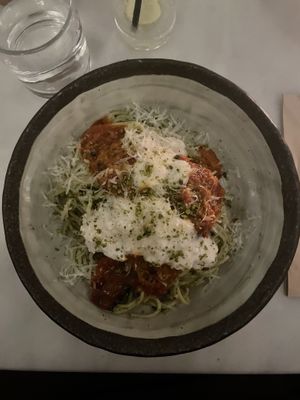 Courgette and pistachio pasta  at Kin Restaurant in London