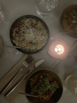 Risotto to the left and sticky tofu to the right  at Kin Restaurant in London