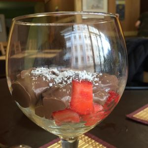 vegan chocolate mousse with fresh fruit.  at Bar Trasmiera in Santander