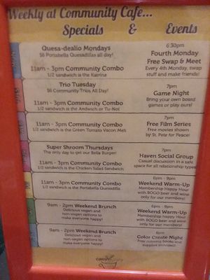 Some daily specials and events at Community Cafe in St Petersburg