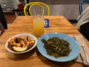 Spicy chicken fried mushrooms, spicy collards, and lemonade 🥰😋 at Mother in Sacramento