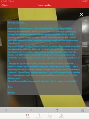 Update on their website at Mother in Sacramento