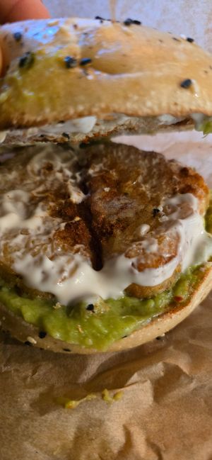 Inside the hash and avo bagel at The Bagel Project in Nottingham
