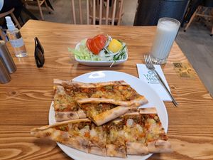 Soy meat & cheese pide and ayran. at Vegan Masa - Kadikoy in Istanbul