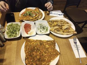 lahmacun and mushroom & cheese pide at Vegan Masa - Kadikoy in Istanbul