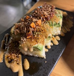 Roasted miso avocado roll at REDWHITE BONELESS RAMEN Downtown Los Angeles in Los Angeles