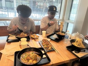 A table of happy (& FULL) family members!  at REDWHITE BONELESS RAMEN Downtown Los Angeles in Los Angeles