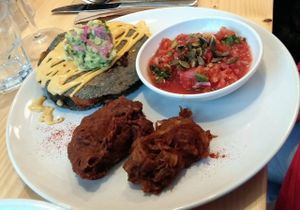 Butternut squash quesadillas with cashew nut cheese, refried beans, salsa and guacamole. All vegan. at Wildebeest in Falmouth
