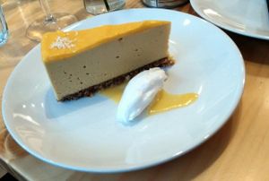 Raw vegan mango cheesecake and coconut cream at Wildebeest in Falmouth