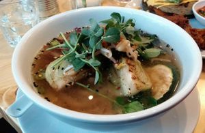 Udon noodle broth with courgette, pak choi, pea shoots and beansprouts. at Wildebeest in Falmouth