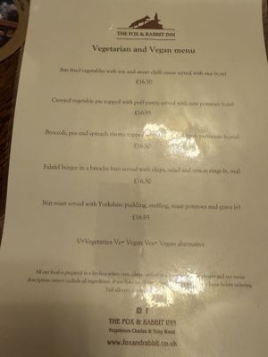 Dedicated menu for veggie / vegan dishes  at The Fox & Rabbit Inn in Pickering
