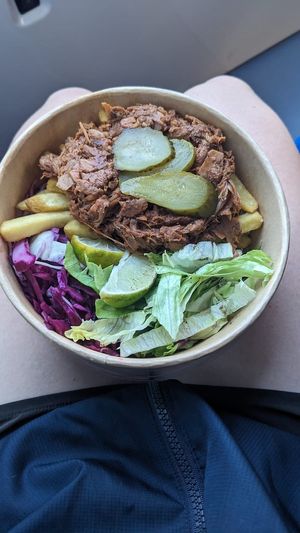 Smokey pulled jackfruit with chips at Vudu Food in Brighton