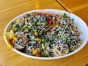 Orange chicken bowl at Higher Taste Plant Based in Long Beach