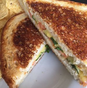 grilled cheese with tomato and basil at Higher Taste Plant Based in Long Beach